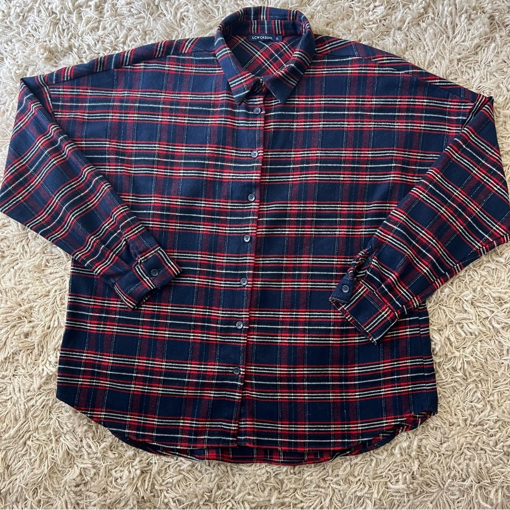 Women's LCW Casual Blue and Red Striped Button Down Long Sleeve Shirt